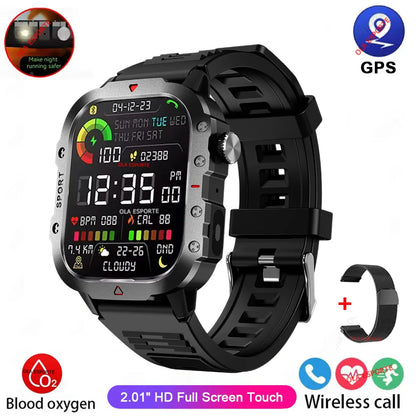 2026 Military Outdoor Smart Watch Men's GPS Flashlight Bluetooth Call 2.01" AMOLED Screen 3ATM Waterproof Sports Smartwatch Hw12