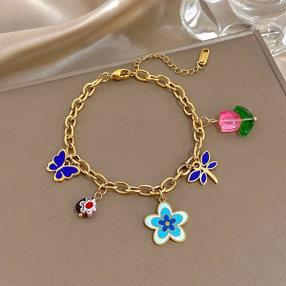 Fashion Gold Plated Stainless Steel Chain Bracelet for Women Cute Star Heart Cherry Tassel Charms Bracelets Waterproof Jewelry