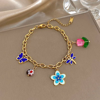 Fashion Gold Plated Stainless Steel Chain Bracelet for Women Cute Star Heart Cherry Tassel Charms Bracelets Waterproof Jewelry