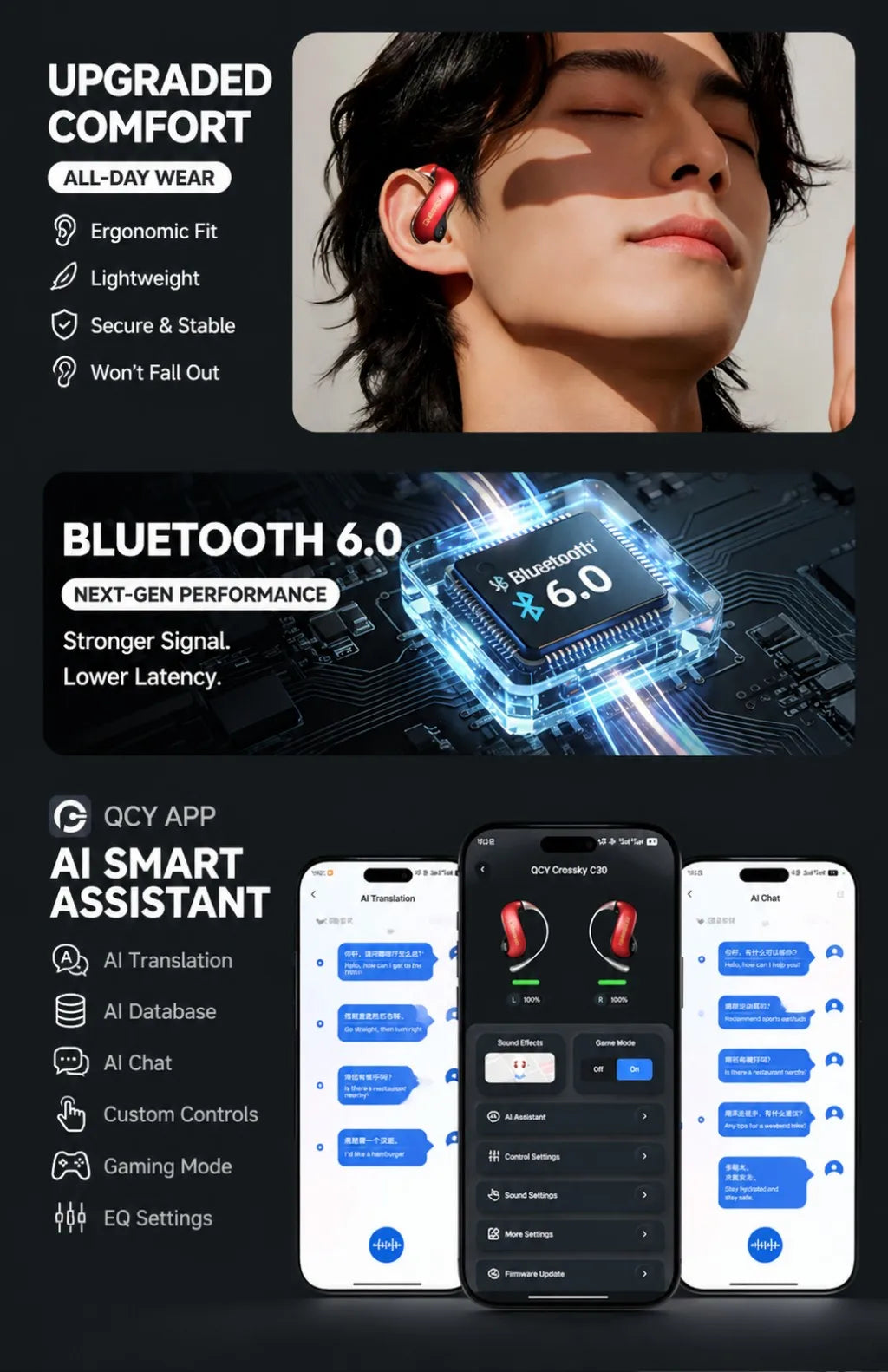 ZOMBIECAT B22 Open Ear Wireless Earbuds Bluetooth 6.0 14mm Driver Sport Headphones LED Light AI Translation for Running Cycling
