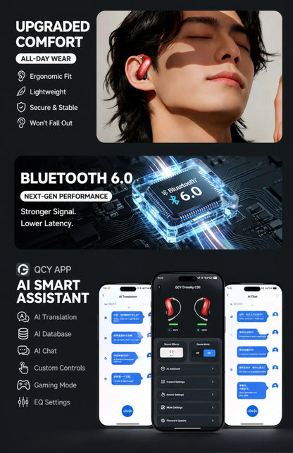 ZOMBIECAT B22 Open Ear Wireless Earbuds Bluetooth 6.0 14mm Driver Sport Headphones LED Light AI Translation for Running Cycling