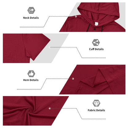 Summer Men's Short Sleeve Hooded T-Shirt Henry Neckline Drawstring Design Casual Loose Breathable Sporty Vest