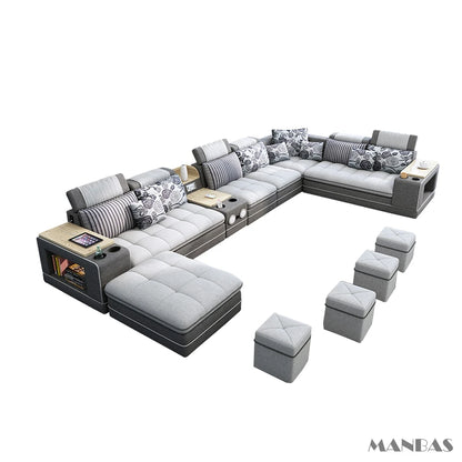Modern U-Shaped Fabric Couch with Stools, Sectional Sofa Set with Storage Console & Cup Holder, Modular Corner Sofa with Pillows