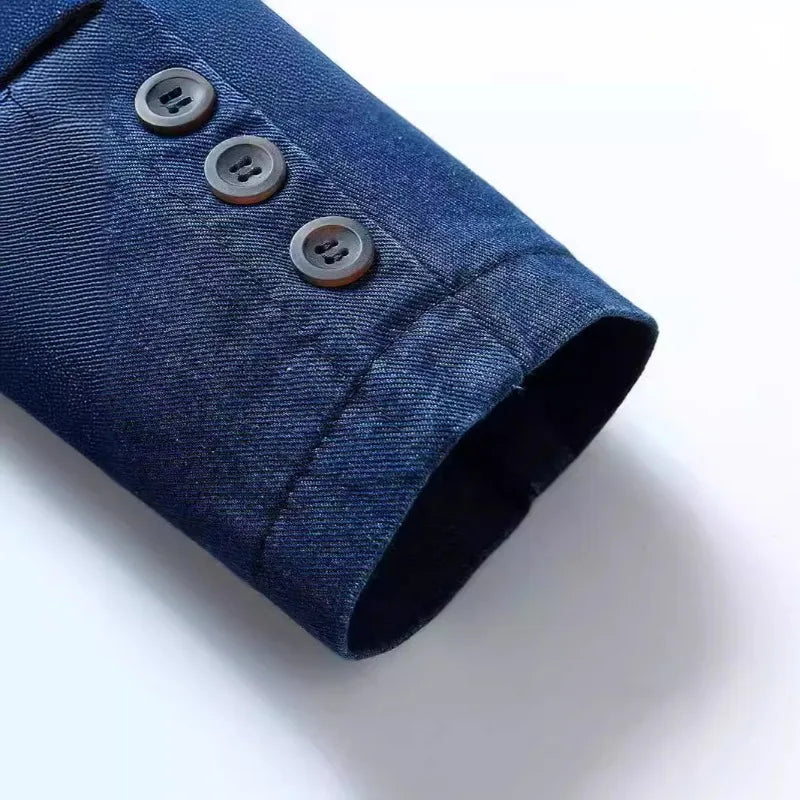 KIDWHXR Man Denim Blazer Autumn Business Casual Single-breasted Men Jacket Retro Loose Long Sleeve Pocket Male Jean Suit Coat
