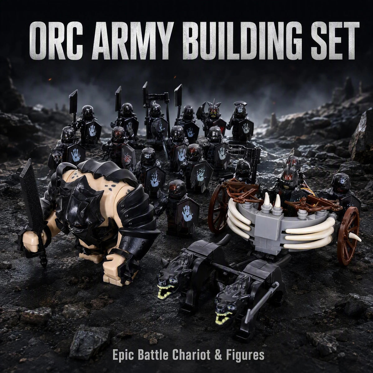 Medieval Battle Scene Building Blocks Beige Giant Troll Beast-Drawn Chariot 10 Warrior Bricks Figures MOC Collectible Model Toy