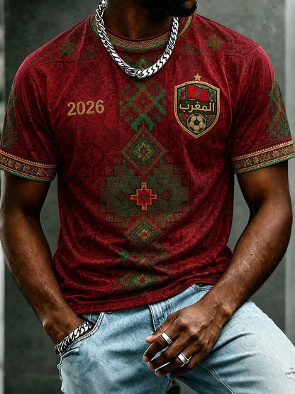 2026 Morocco Fan Football T-Shirt, Red Letter Print Quick Dry Short Sleeve Casual Sports Jersey Unisex