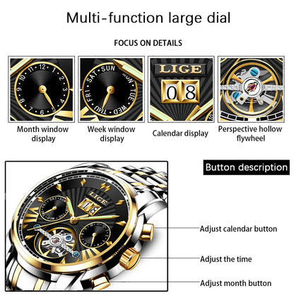 2026 LIGE Automatic Mechanical Wrist Watches For Men Top Brand Luxury Tourbillon Men Watch Fashion Business Waterproof Watch Men