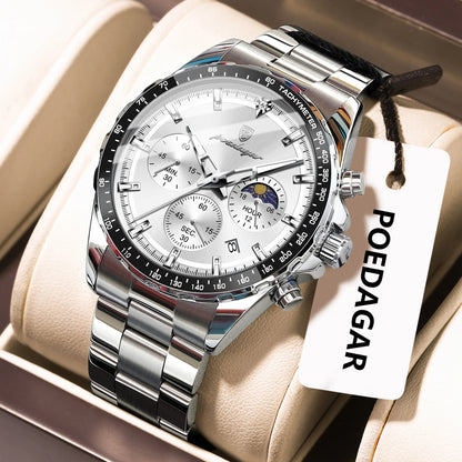 POEDAGAR Top Original Man Wristwatch Waterproof Stainless Steel Luminous Men Clock Chronograph Date Quartz Sports Men's Watches