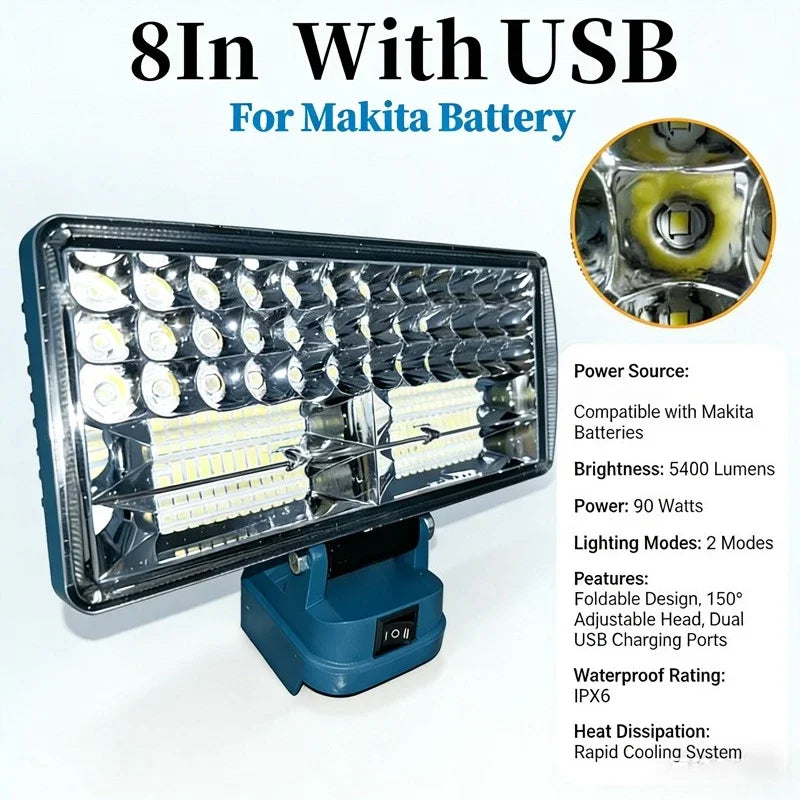 90W LED Work Light for Makita 18V Battery LED Spotlight -9000LM Cordless Jobsite Flood Light Construction Work Light USB Charger