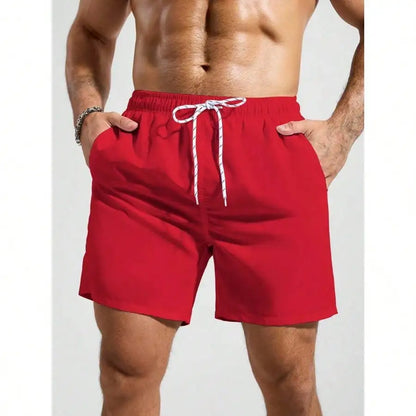 Palasendo Men's Plain Pocketed Drawstring Waist Beach Shorts, Suitable For Summer, Hawaiian, Men Dry Fit Orange Swim Trunks, Men Swim Trunk Matching, Men Beachwear, Plain Swim Trunks