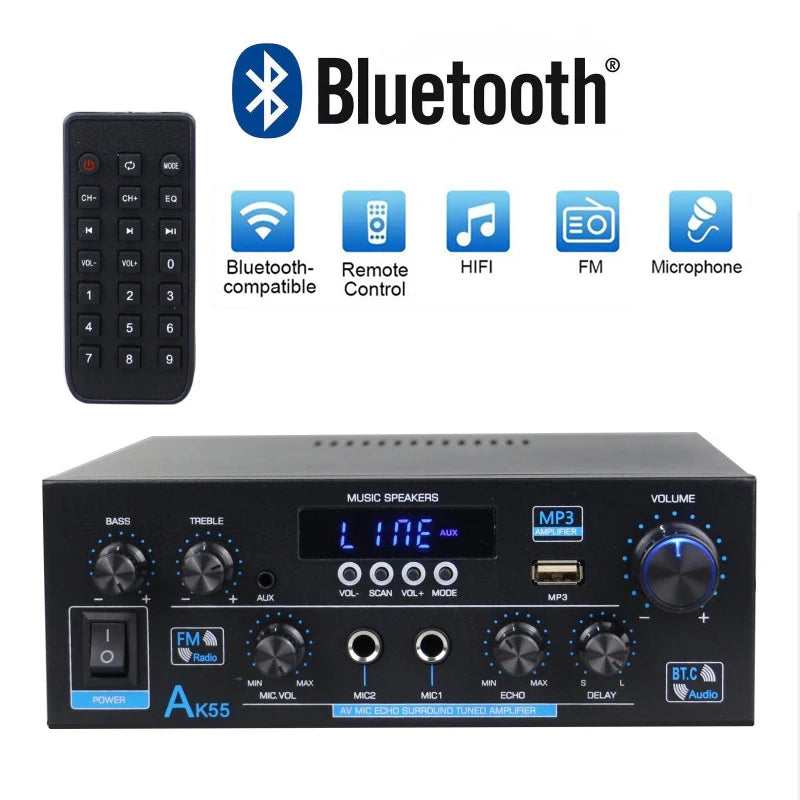 AK55/AK45/AK35 Bluetooth Digital Amplifiers 2 Channel HiFi Stereo Sound Amplifier for Home Car Karaoke FM USB AMP Remote Control