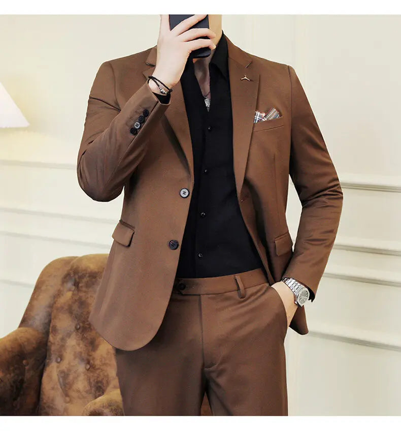 High quality Korean slim fit (suit + trousers) Fashion business handsome casual solid color wedding suit two-piece set