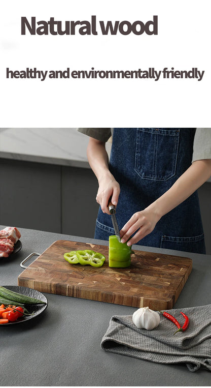 Large Acacia Wood Cutting Board, Checkerboard End Grain Butcher Block, Thick Reversible Wooden Chopping Board with Metal Handle