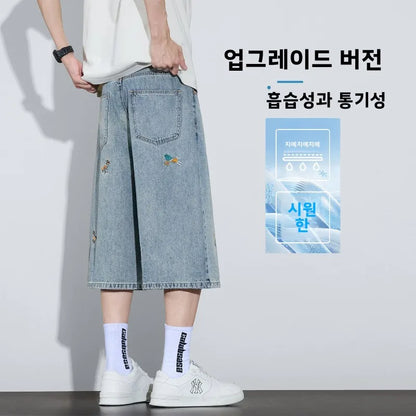 Korean Streetwear Washed Denim Jeans Summer Y2K Men's Casual Loose Trendy Brand Handsome Straight Wide-leg Short Pants Versatile