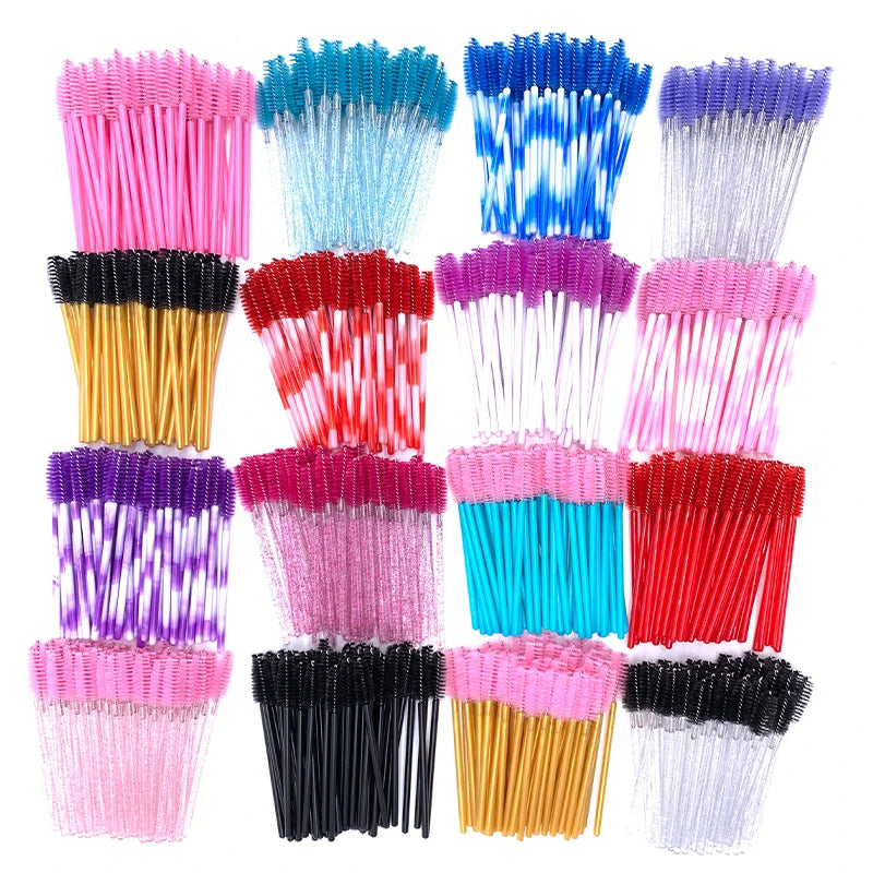 50 Pcs Shiny Crystal Eyelash Applicator Disposable Diamond Handle Nylon Two Colors Mascara Wands Spoolies Pink Brushes