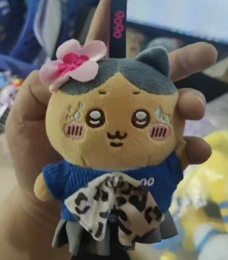 Cute Hachiware Momonga Gyaru Style Plush Keychain Tan Skin Blue-Eared Cat Bag Usagi Charm Pendant Toy Gift for Boys Girls Fans