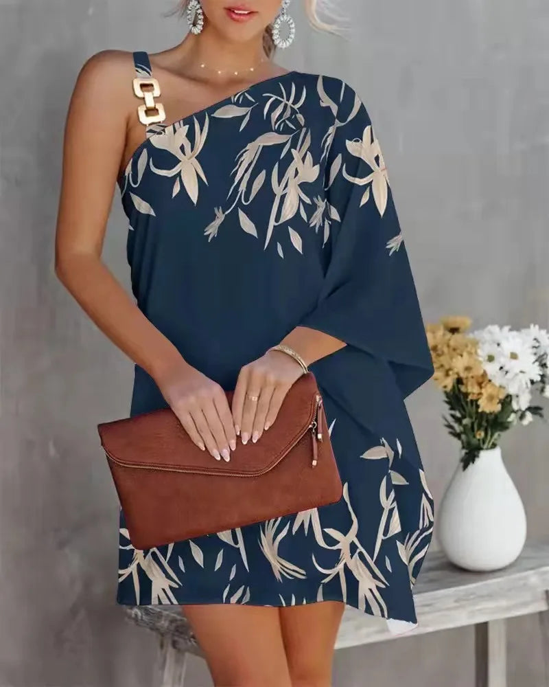 2026Women's New Printed Sexy Asymmetric One-Shoulder Strapless Dress, Elegant Style, Suitable for Summer