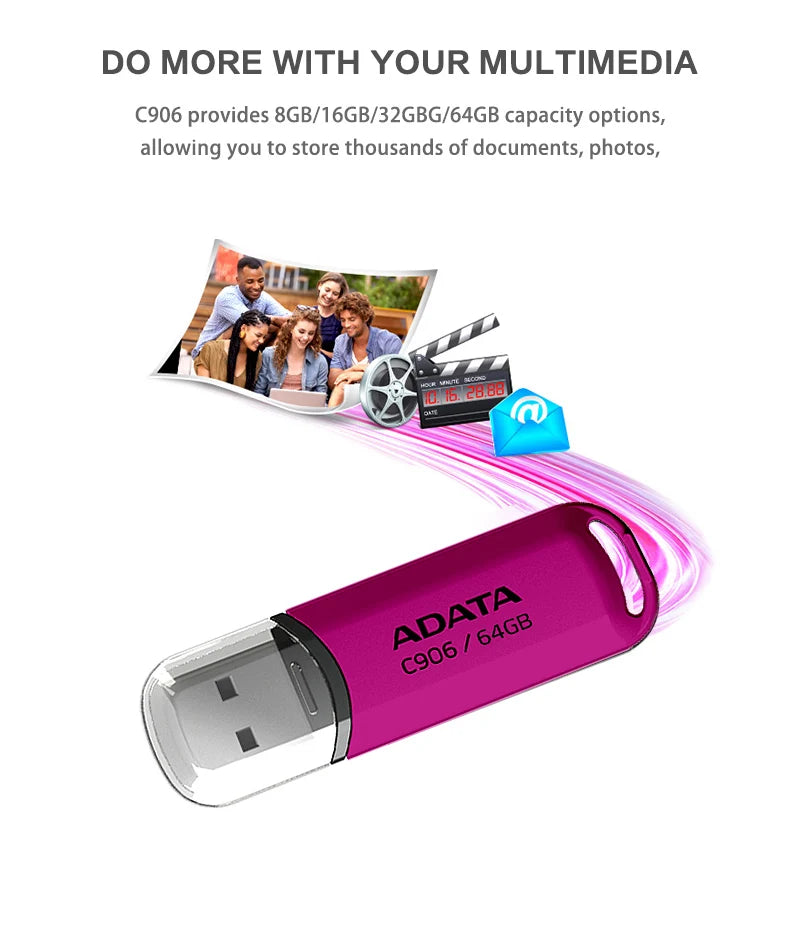 ADATA USB 2.0 Flash Disk C906 Memory Stick 8GB 16GB 32GB 64GB USB Flash Drive White Black Mini Portable Pen Drive For Computer