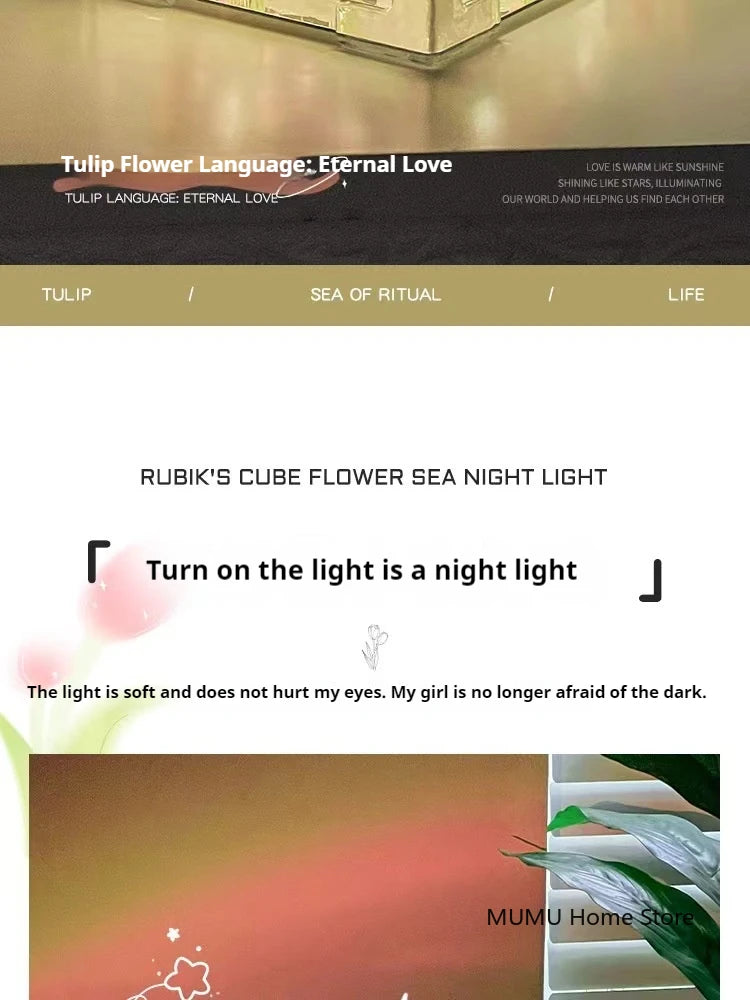DIY 3D Cloud Tulip LED Night Light Flower Sea Mirror Table Lamps Cube Mirror Atmosphere Night Light Bedroom Decor Table Lamp