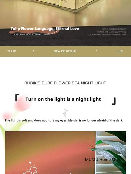 DIY 3D Cloud Tulip LED Night Light Flower Sea Mirror Table Lamps Cube Mirror Atmosphere Night Light Bedroom Decor Table Lamp