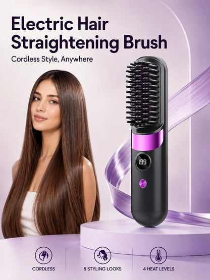 Electric Hair Straightening Brush Hot Comb Hair Straightener USB Rechargeable Wireless Portable Hair Straightener