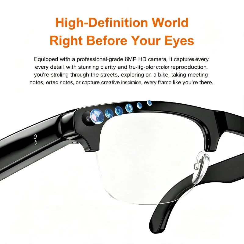 Semi-frame 1200W Pixel Camera Glasses with AI Voice Translation Smart Bluetooth Features Includes 3 Lense Travel Office