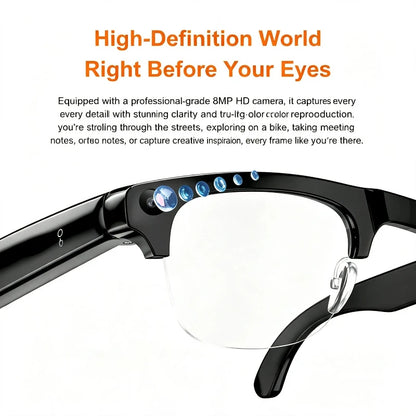 Semi-frame 1200W Pixel Camera Glasses with AI Voice Translation Smart Bluetooth Features Includes 3 Lense Travel Office