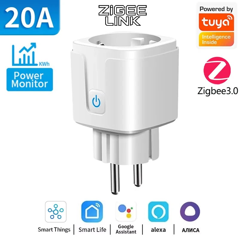 WiFi Zigbee Energy Monitoring Smart Plug EU 16A/20A Remote Timer Socket for Kitchen Home Appliance Works with Tuya Alexa Google