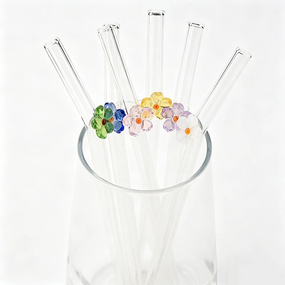6PCS Reusable Drinking Straws Cute Flower Glass Straws with Cleaning Brush for Coffee Lover Smoothies Frozen Drinks Tea Juice