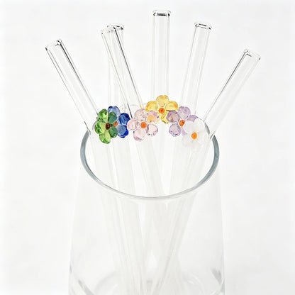 6PCS Reusable Drinking Straws Cute Flower Glass Straws with Cleaning Brush for Coffee Lover Smoothies Frozen Drinks Tea Juice