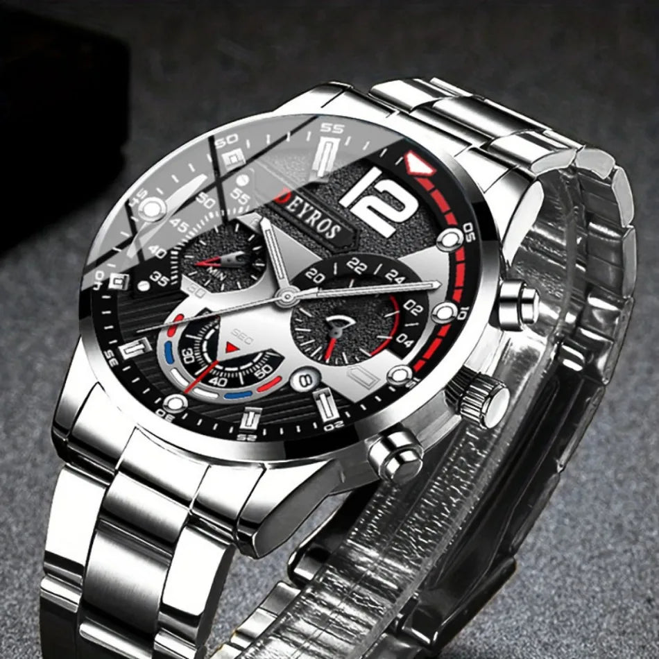2 PCS/set  Men's Watches Fashion Sports Quartz Alloy Dial Strap Round Dial Quartz Movement Display Date Best Choice for Gift!