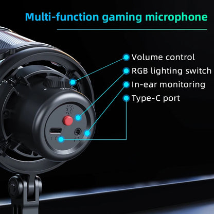 USB Microphone for PC RGB Gaming Microphone with Headphone Output And Touch-Mute Button Noise Cancellation for Recording Streami