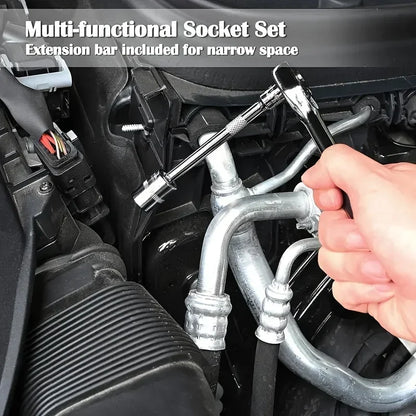 46Pcs 1/4 Inch Socket Tool Kit, Red Ratchet Wrench Combo, Portable Auto Repair Set for Car Maintenance and Mechanic Daily Use