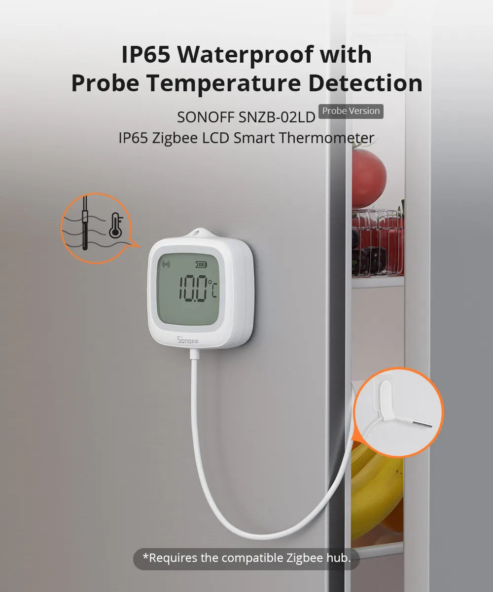 SONOFF SNZB-02LD Zigbee3.0 LCD Smart Thermometer with Probe IP65 Waterproof for Fridge Pool Fish tank Wine Cellar via ZBBridge-P