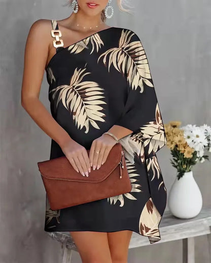 2026Women's New Printed Sexy Asymmetric One-Shoulder Strapless Dress, Elegant Style, Suitable for Summer