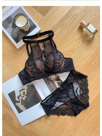 Luxury French Lace Halter Bra Small Chest Push-Up Sheer Bralette Seductive Allure Black Lingerie Set Wire-Free Comfort MOYISU AB