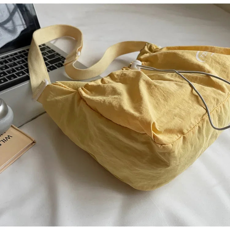 Chic Nylon Crossbody Bag Casual Drawstring Messenger Bag with Detachable Pouch, Adjustable Strap Shoulder Purse for Daily Travel