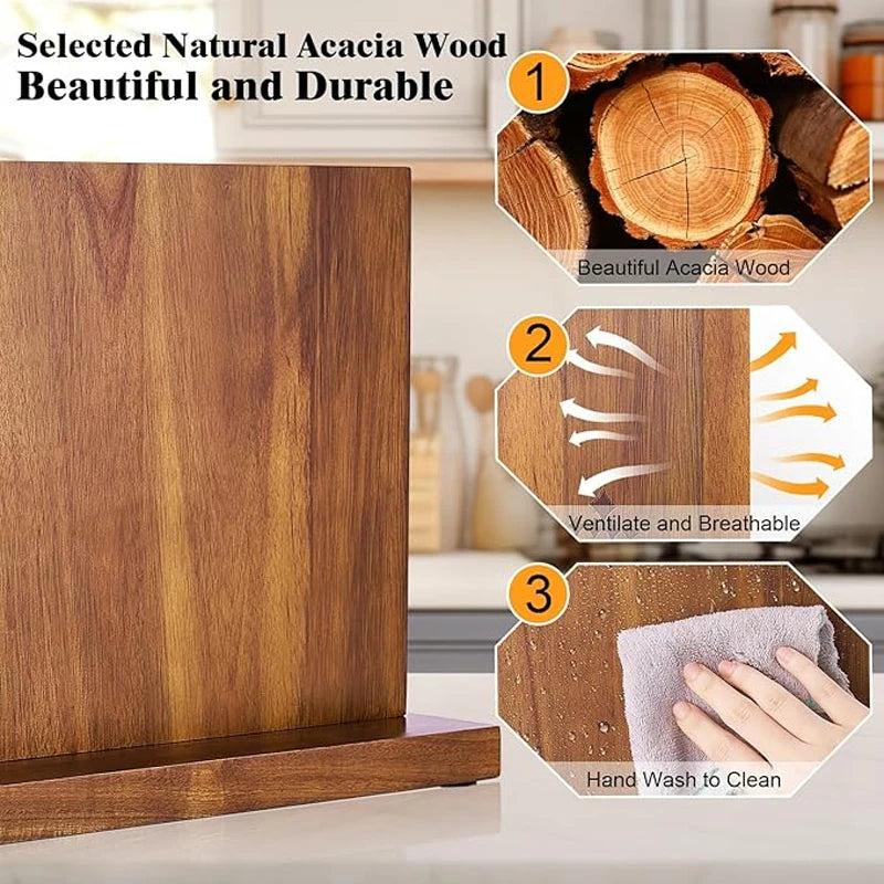 Long Magnetic Knife Block Acacia Wooden Kitchen Knife Holder Kitchen Counter Strong Enhanced Magnets Stands Storage Knife Holder