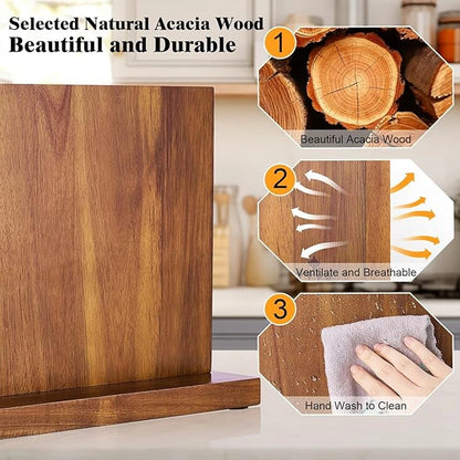 Long Magnetic Knife Block Acacia Wooden Kitchen Knife Holder Kitchen Counter Strong Enhanced Magnets Stands Storage Knife Holder