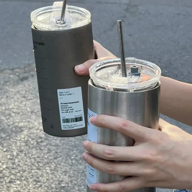 Thermos Cup Portable 304 Stainless Steel Coffee Mug Thermal Leak-proof Water Bottle with Straw Insulated Bottle Drinkware