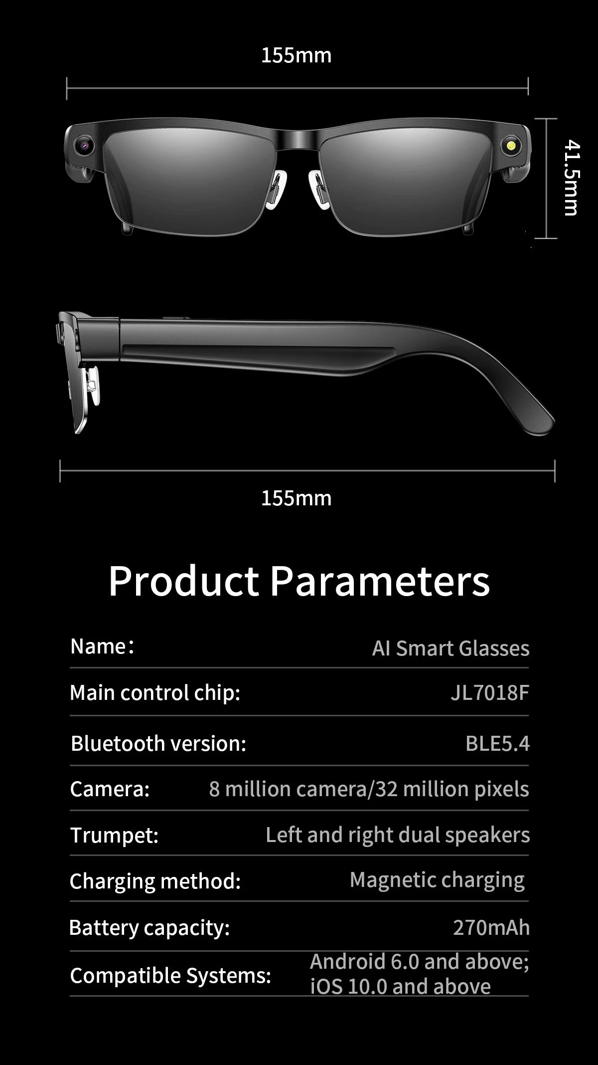800W Pixel Camera Smart Glasses Photo Video Record BT Call Al Object Recognition Voice Assistant Translation Music Sunglasses