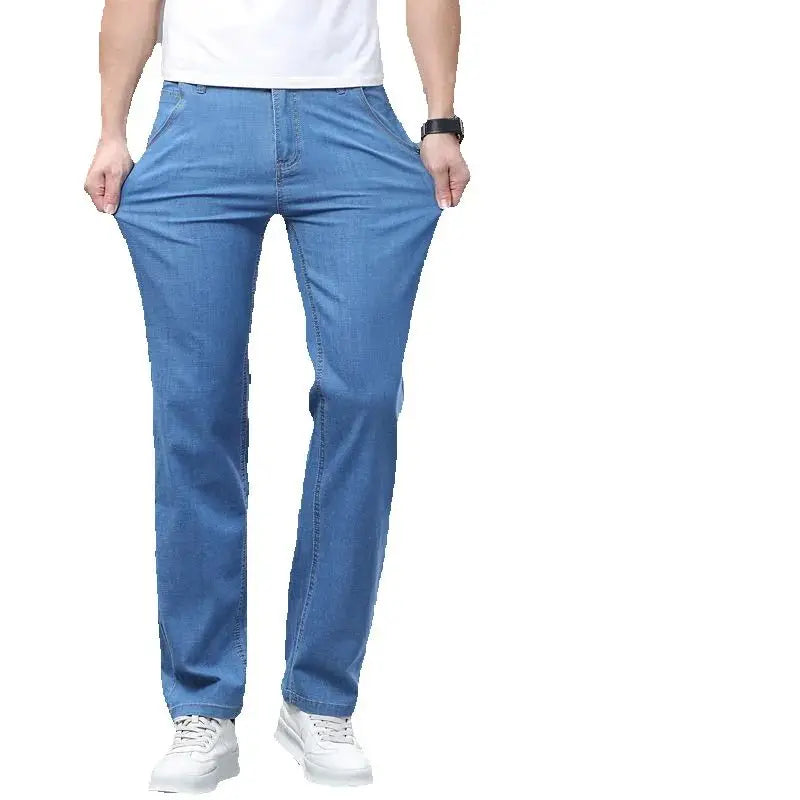 Classic Style Summer Men's Light Blue Thin Straight Jeans Business Casual Stretch Denim Pants Male Brand Loose Trousers
