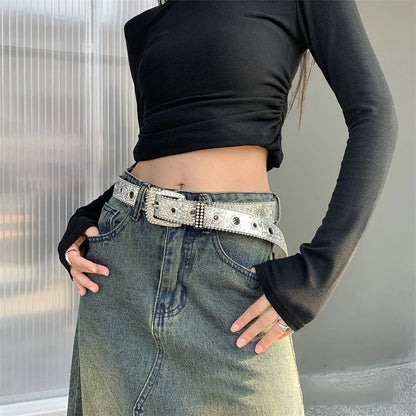 Gothic Black Silver Metal Buckle Rhinestone Belt Luxury Desiner Four Seasons Y2K Womens Jeans Belt Plus Size Men's Waistband