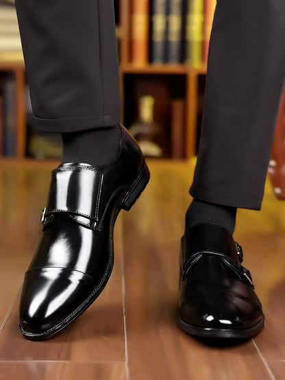 QRLQRL Luxury Leather Double Buckle Monk Strap Formal Shoes for Men Classic Cap Toe Business Office Wedding Dress Shoes