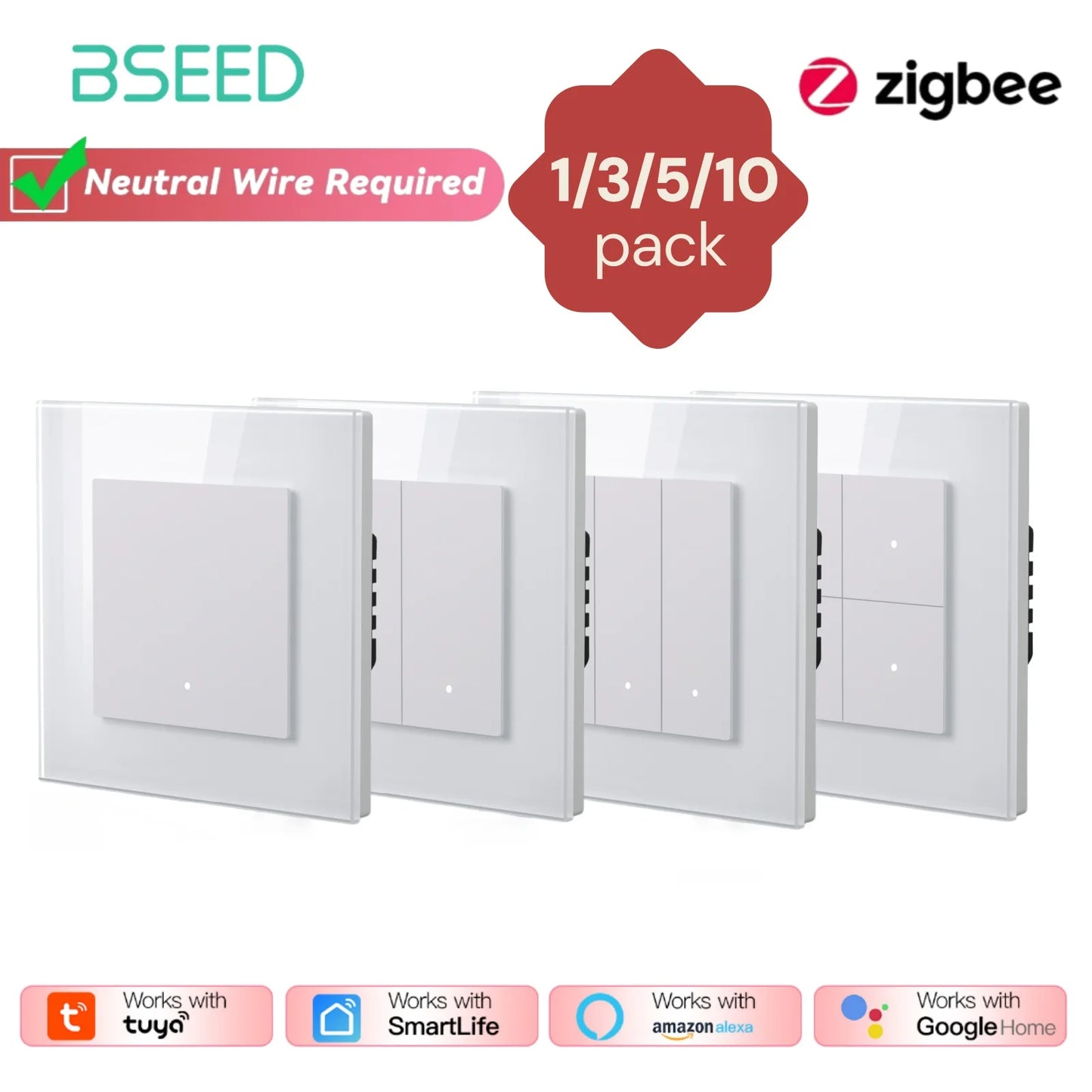 Bseed Zigbee Button Switchs Need Neutral Wire Tuya Smart Life Alexa App Control Glass Frame 86*86mm White Light Switch
