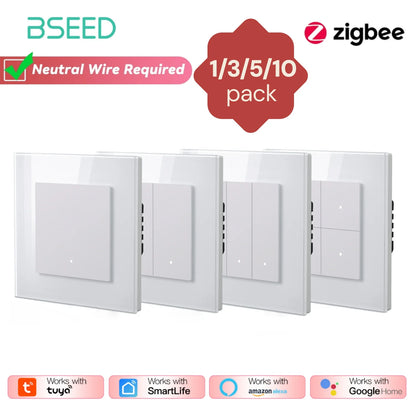 Bseed Zigbee Button Switchs Need Neutral Wire Tuya Smart Life Alexa App Control Glass Frame 86*86mm White Light Switch