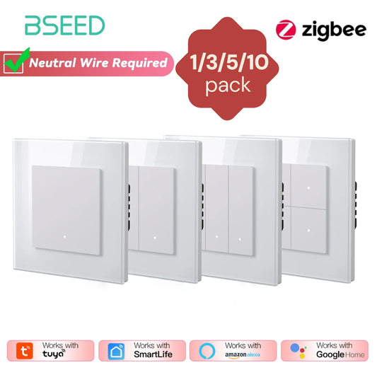 Bseed Zigbee Button Switchs Need Neutral Wire Tuya Smart Life Alexa App Control Glass Frame 86*86mm White Light Switch