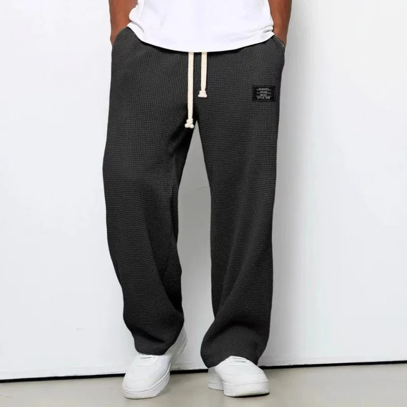 Men Waffle Knit Wide Leg Pants Elastic Drawstring Casual Trousers Loose Streetwear Workout Jogger PantsS-4XL