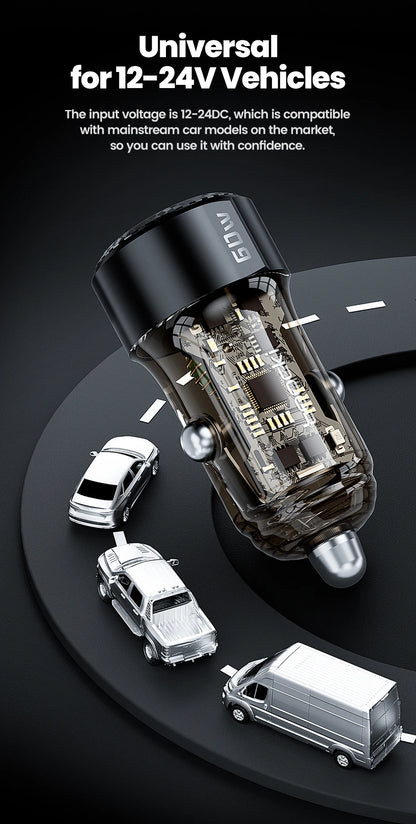Toocki Transparent USB Type C Car Charger PD QC 3.0 Fast Charging 60W USB C Car Mobile Phone Charger Adapter For iphone Android