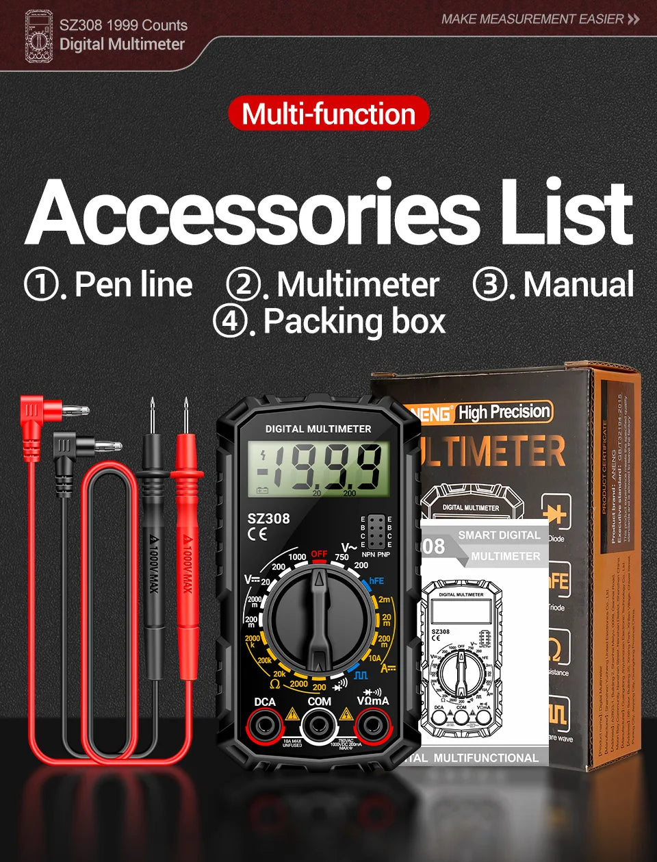 ANENG SZ308 1999 Count Digital Multimeter AC/DC High-Precision Multi-function Voltage Current Resistance Multimeter Tester Tools